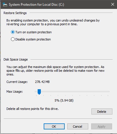 system protection fo rlocal disk