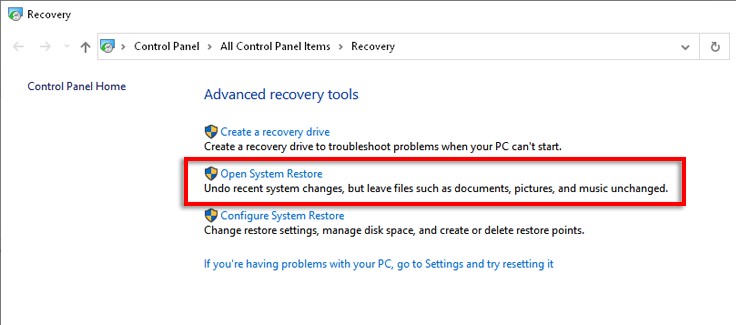 system restore setting