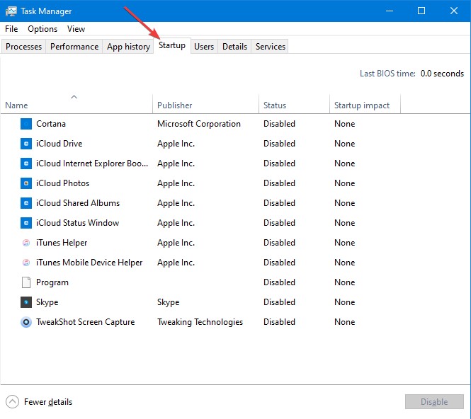 Startup tab in task manager