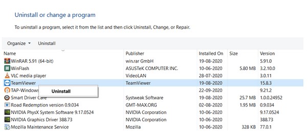 uninstall or change program