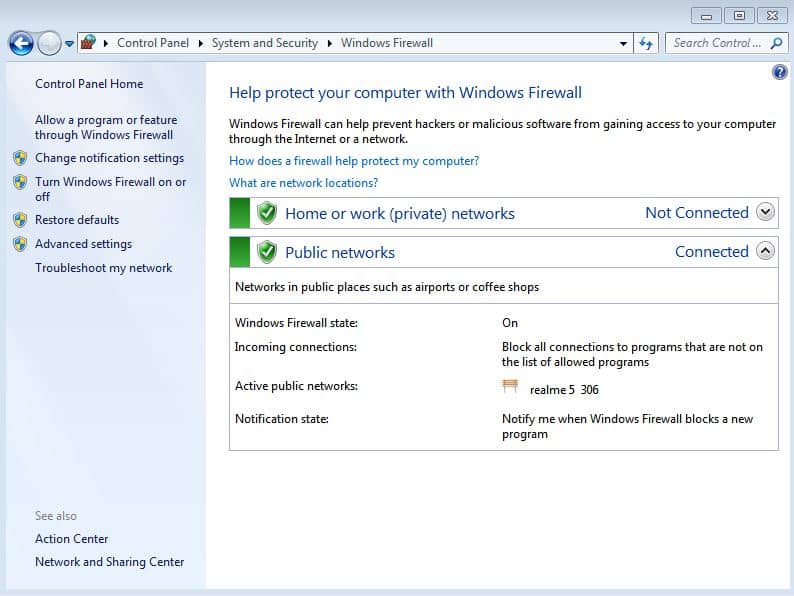 windows firewall option