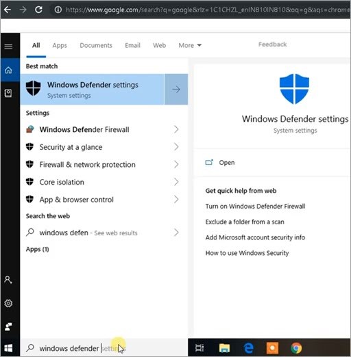 windows defender setting