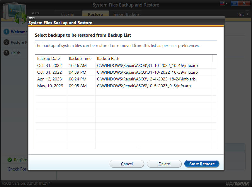 Select backup to restore