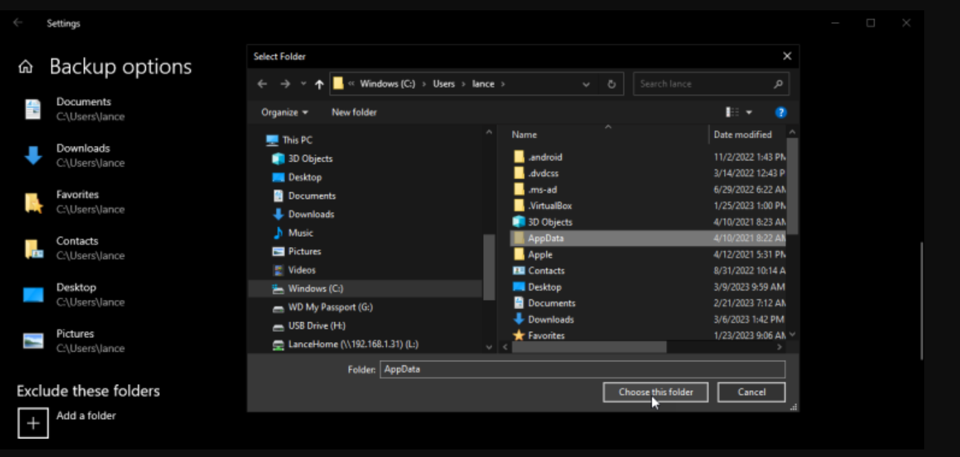 Add folder to backup
