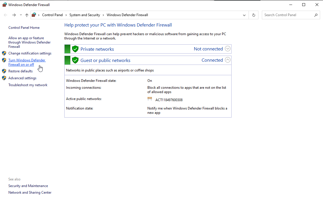 turn windows firewall defender on or off
