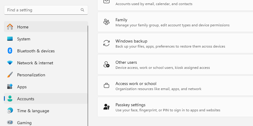 Accounts tab - Windows Setting
