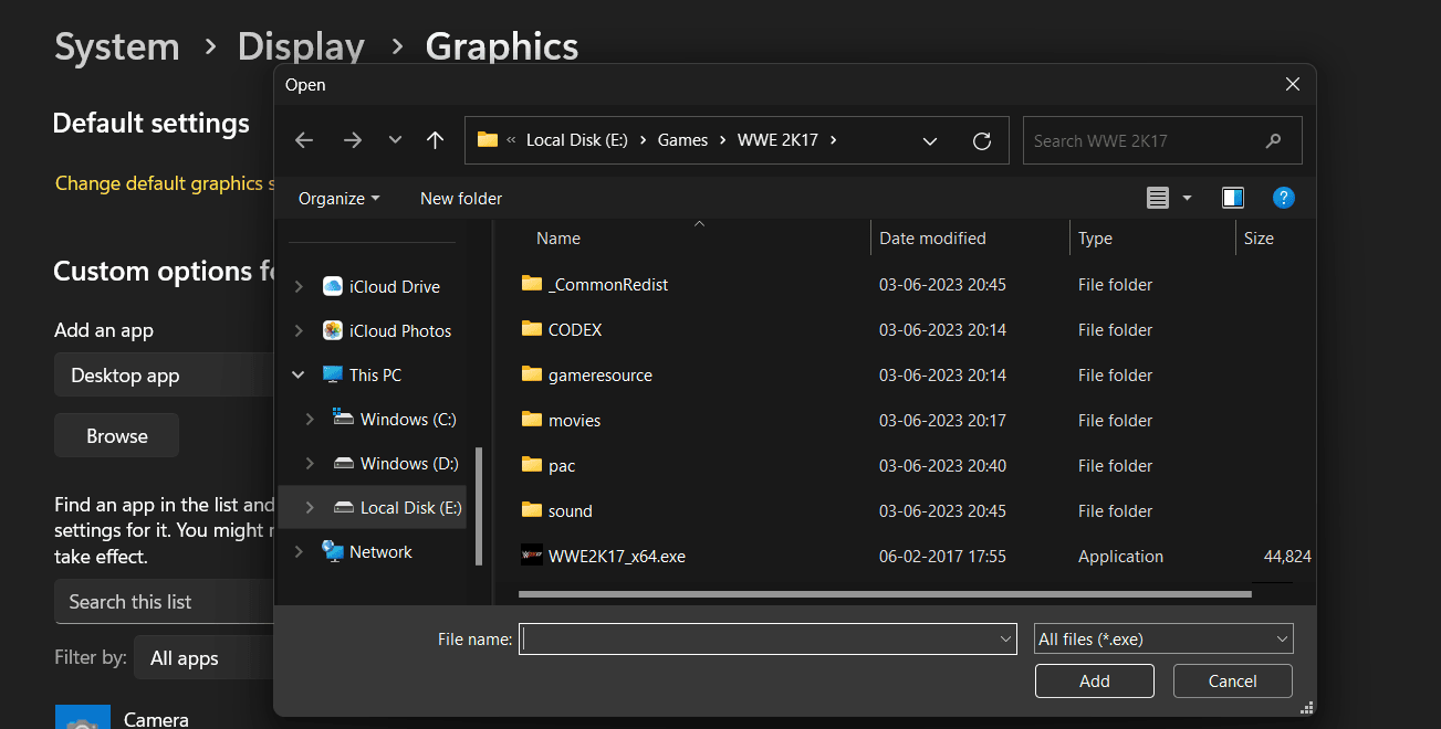 add .exe file using browser button