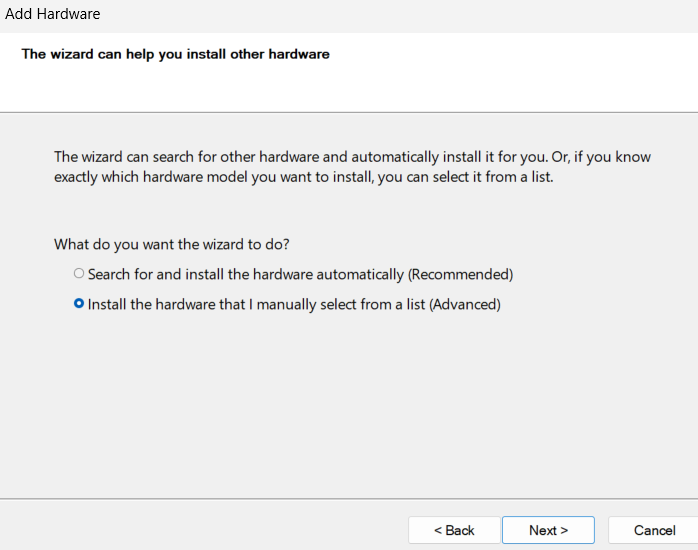 Add hardware wizard to choose an option