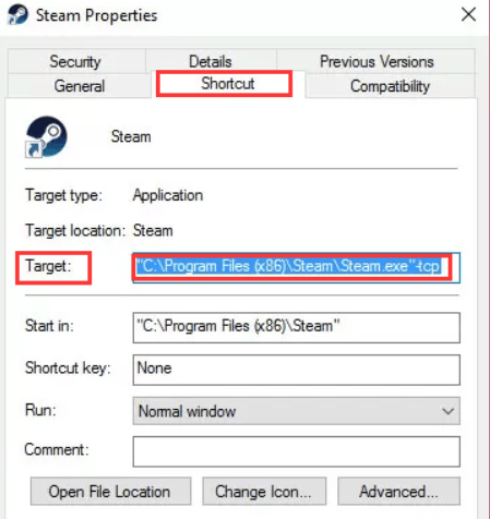 add -tcp in target field - steam properties