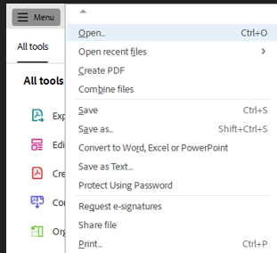 Adobe Acrobat Reader Menu Button