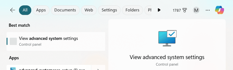 Advanced System Setting Typed in Search Bar