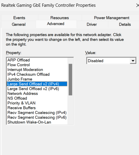 Advanced tab in realtek gaming gbe family controller