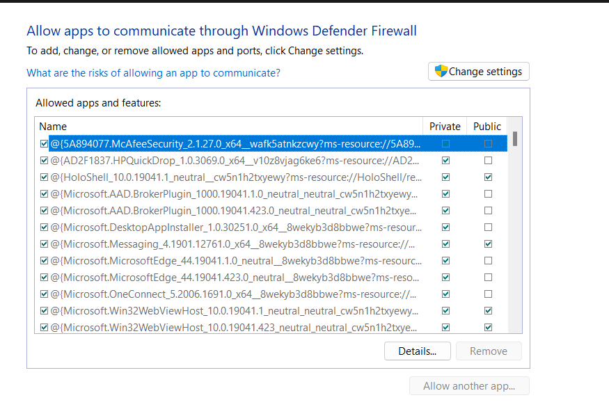 Allow apps and features option