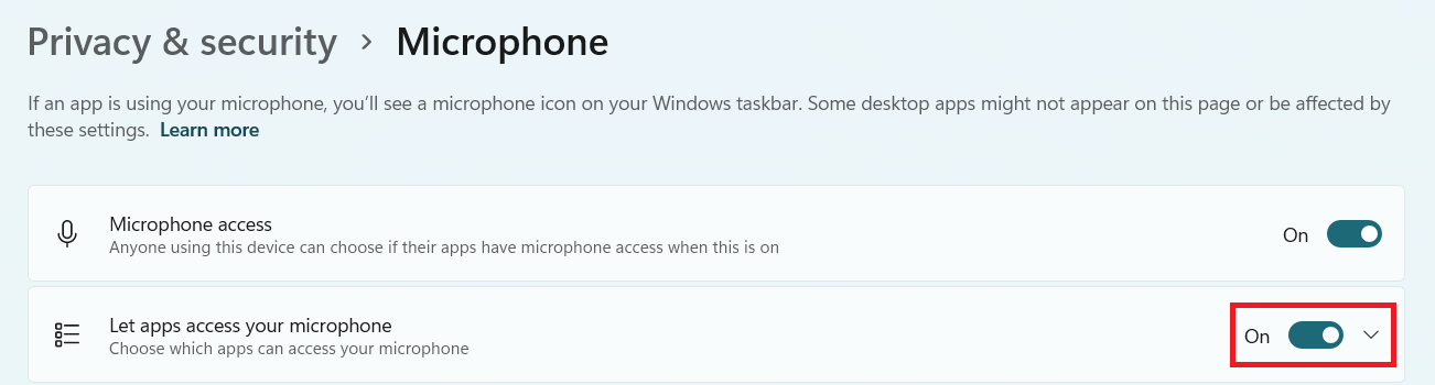 Allow apps to access your microphone toggle switch
