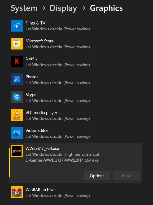 application list in graphics tab