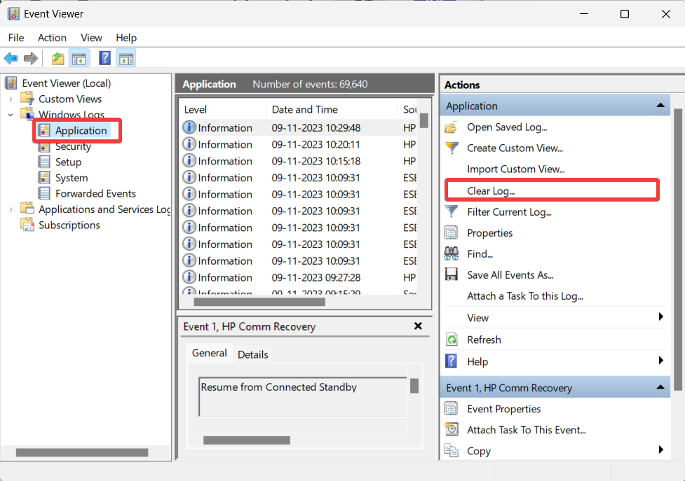 Application selected in Event Viewer
