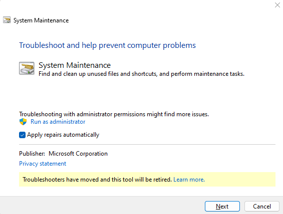 Apply Repairs Automatically option - system maintenance