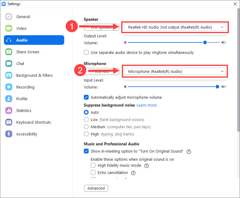 Audio tab in Zoom Settings