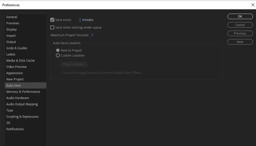 Auto save Option in Preferences Menu
