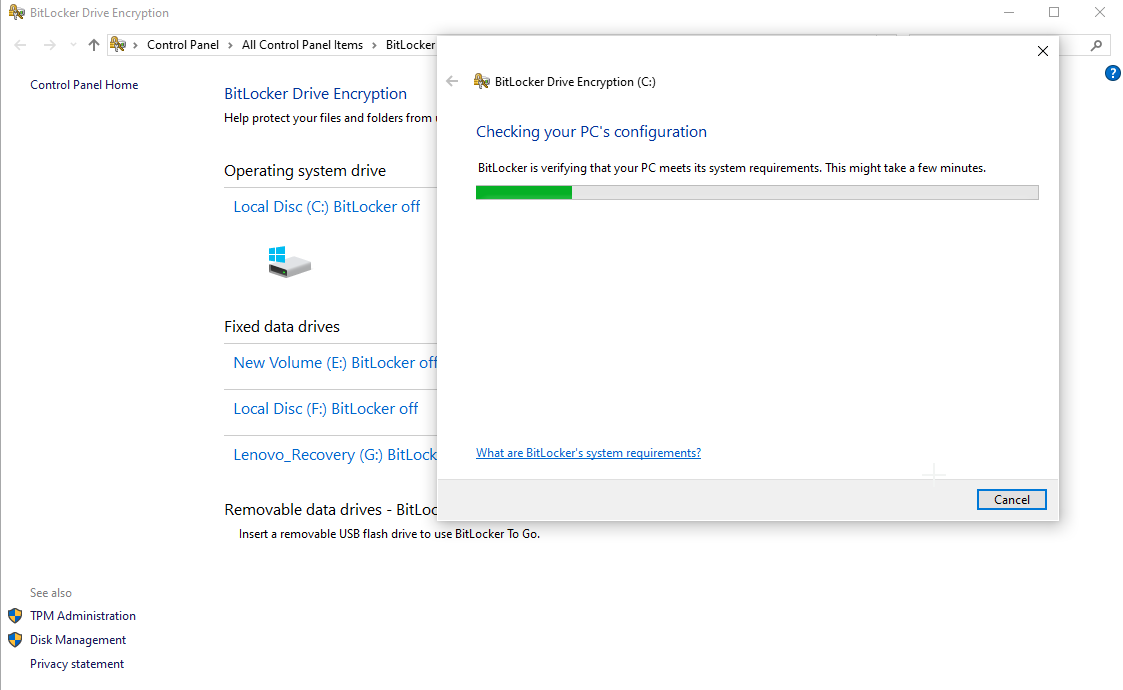 bit locker drive checking for pc configuration