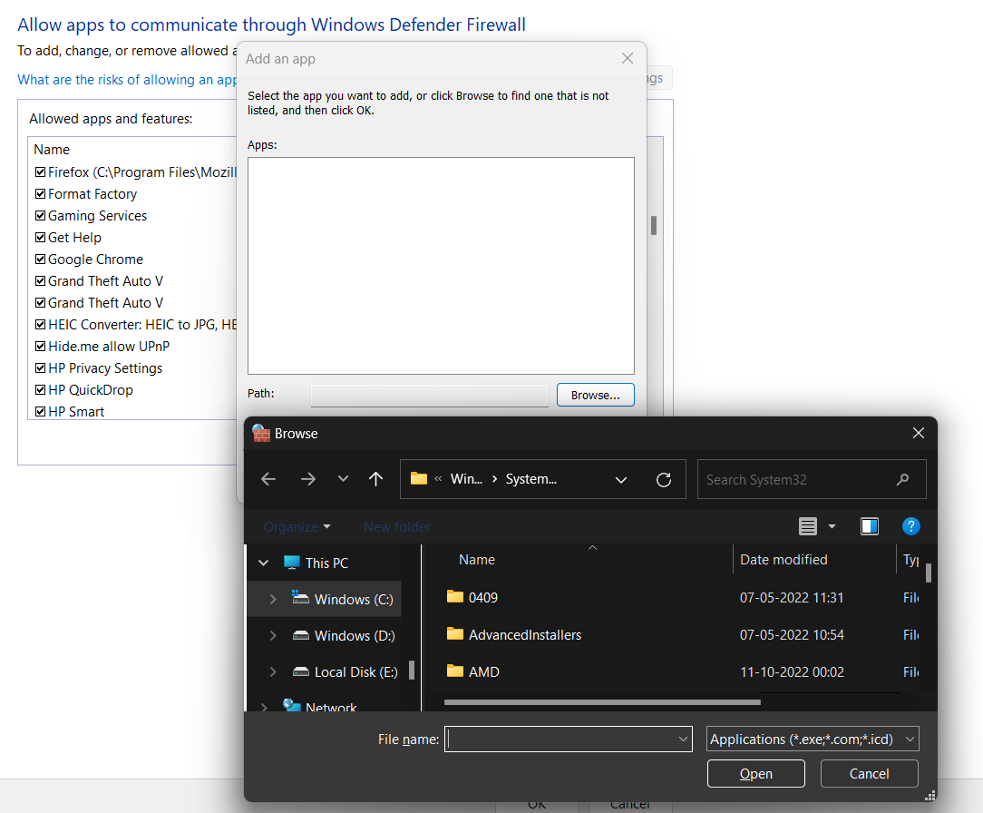 browse through folders and select app