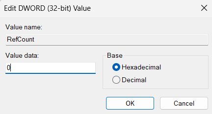 Change Refcount value from 1 to 0