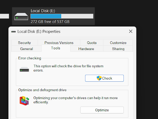 Check button in Tools tab -Drive Properties