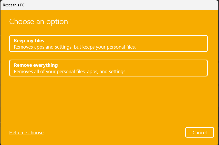 choose an option - keep my files or remove everything