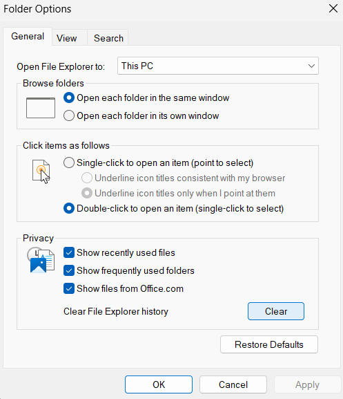 Choose Clear button in privacy section - Folder options
