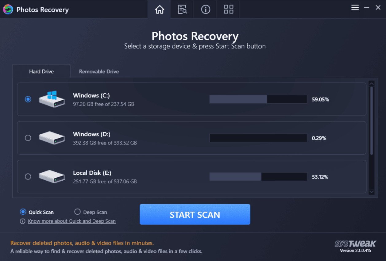 Choose Drive to scan - Photos Recovery