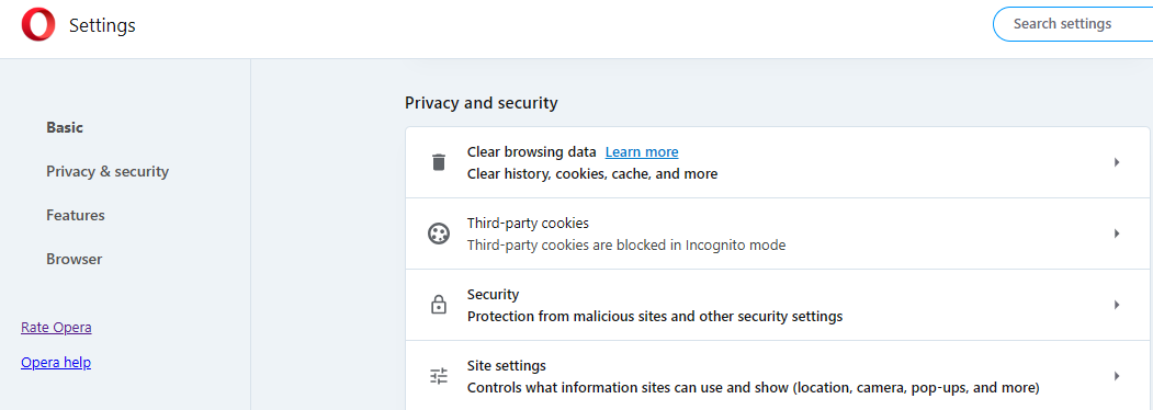 Clear Browsing Data in Opera Settings