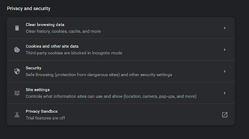 clear browsing data in security and privacy