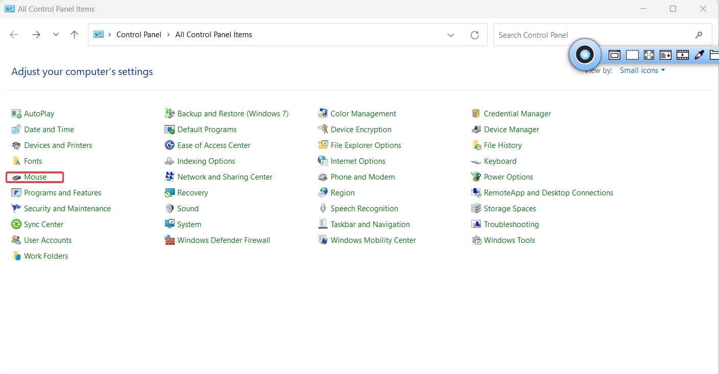 click Mouse option - control panel
