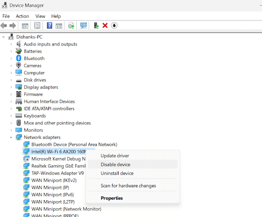 click on Disable device