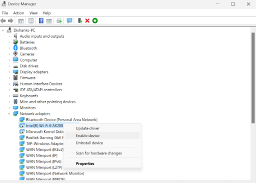Click on enable in network adapter