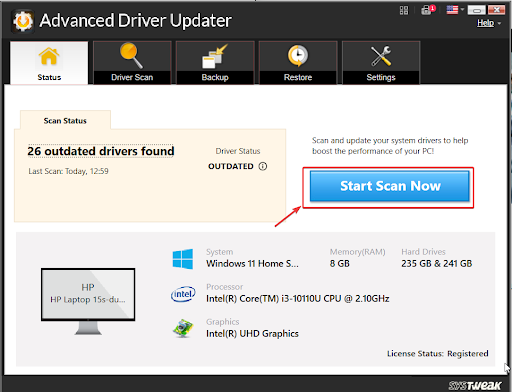 click on start scan in advanced driver updater