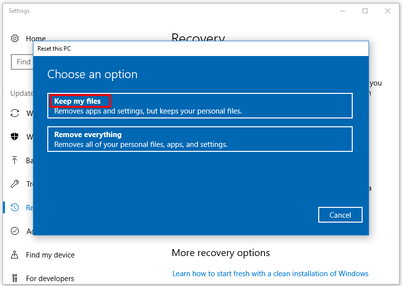 Click on the Keep my files option