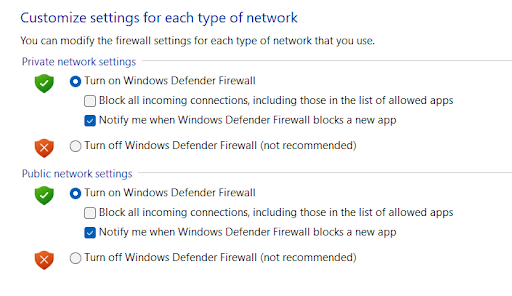 click on Turn Windows Defender Firewall on or off