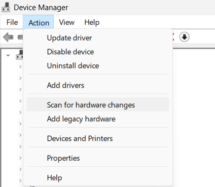 click Scan for hardware changes