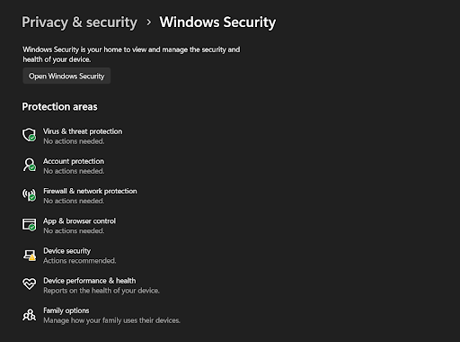 Click to open Windows Security