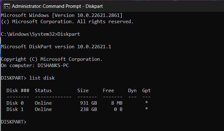 command List Disk