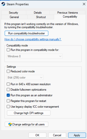 Compatibility tab- Steam Properties
