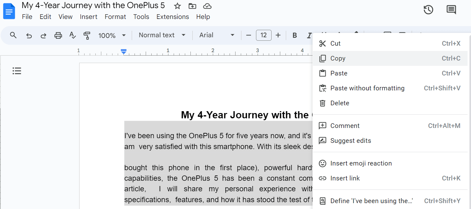 Copying selected text