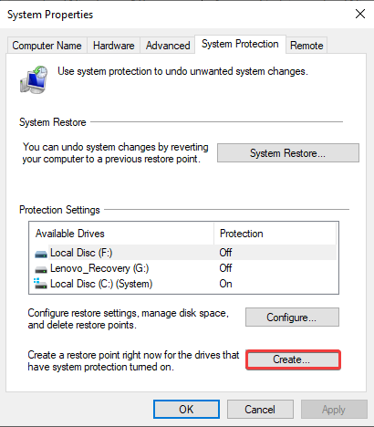 create system restore