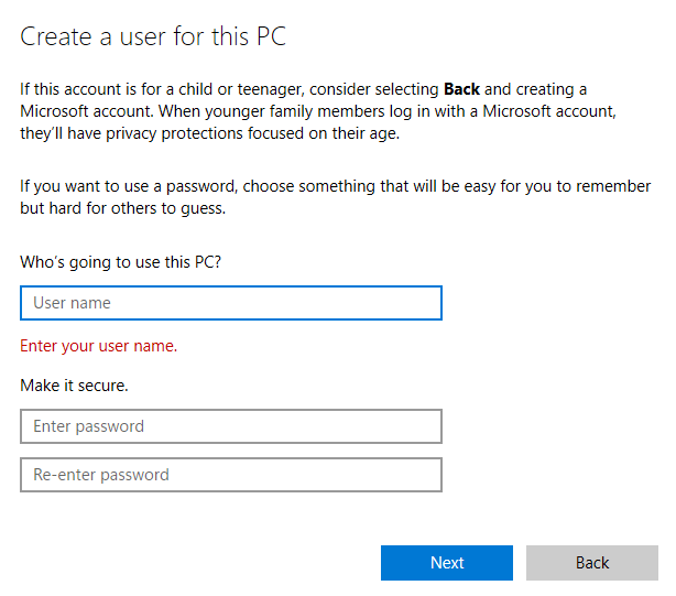 create user for pc
