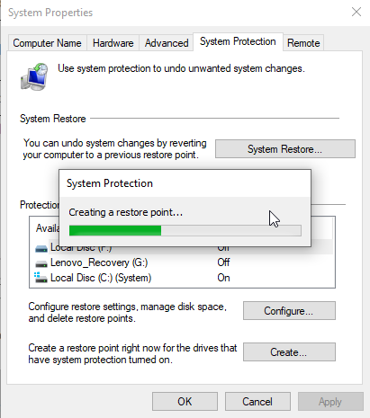 creating system restore