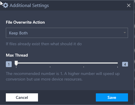 customize file overwrite action and conversion speed using additional setting option