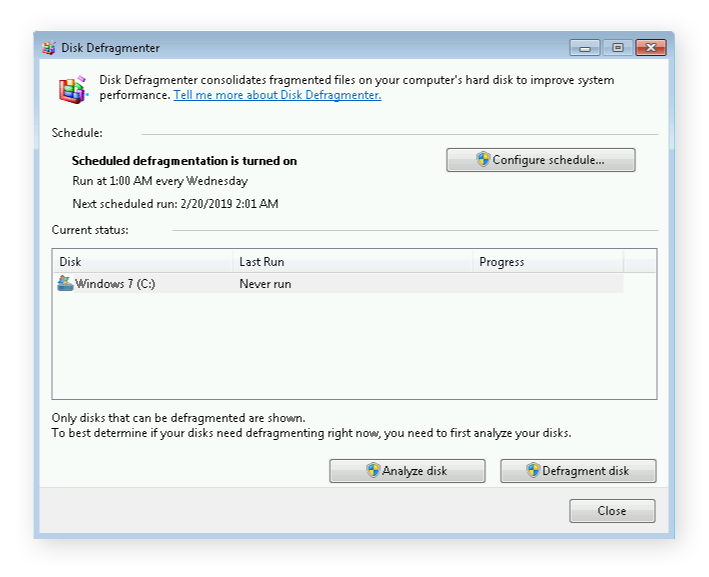 Defragment disk in windows 7