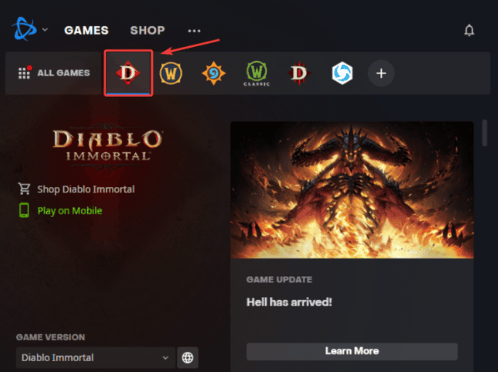 Diablo Immortal in Battle.net Launcher