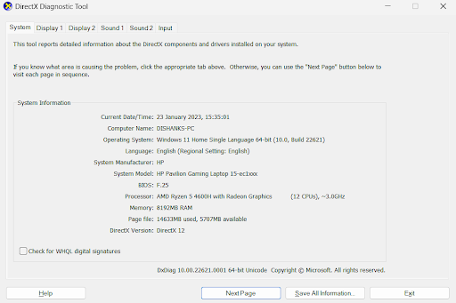 DirectX diagnostic tool
